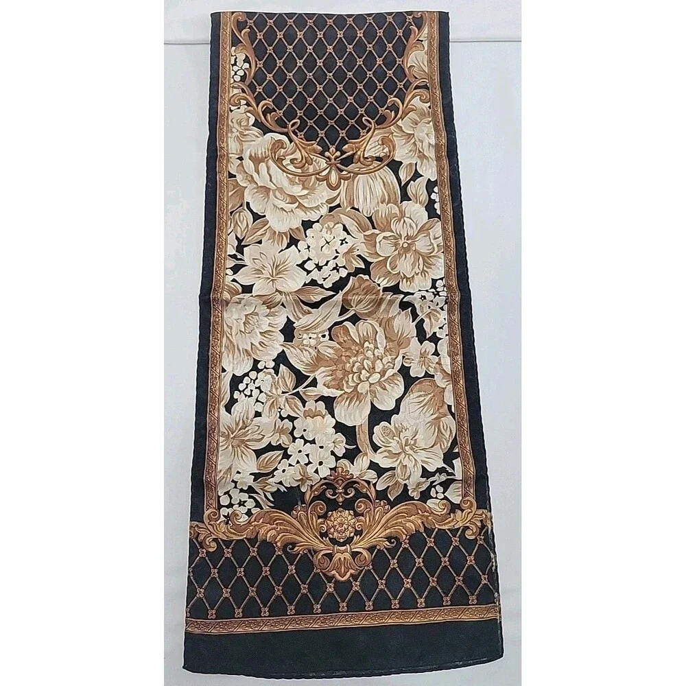 Vintage Liz Claiborne Silk Scarf Oblong Black Gold Baroque Floral Lattice Long